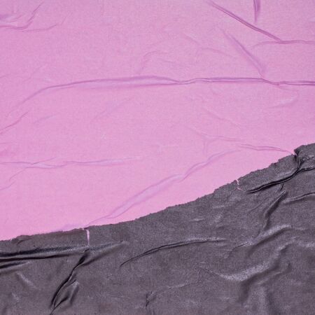 Empty crumpled and wet texture paper. Creased grunge paper background. Art rough stylized blank for a billboard, poster with space for text. Square banner with copy space. Collage of purple and black.の写真素材