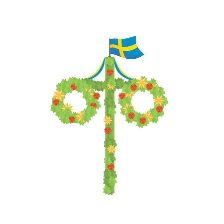 Midsummer floral wreaths, Swedish flag, maypole decorated, covered in flowers, leaves. Midsummer traditional Swedish symbol. Card (Kort) Glad Midsommar. White background. Happy family summer holidayのイラスト素材
