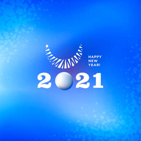 Greetings card blue color with snow, horn of bull and 2021 numbers.のイラスト素材