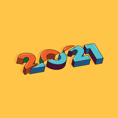 Sliced 2020 and 2021 years numbers. Logotype of the 2021 year. Happy New Year. 3D text on yellow background. Conceptual cheerful youth bright explosive design. Cut 3D text logo symbol.のイラスト素材