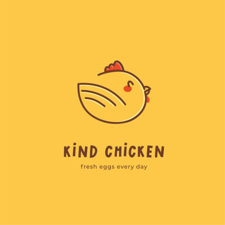 Kind Chicken logo concept. Cute cartoon laying hen. Logo template for poultry farm. For restaurant or cafe menu, packaging, butcher shops and chicken farm. Fresh eggs every day slogan.のイラスト素材
