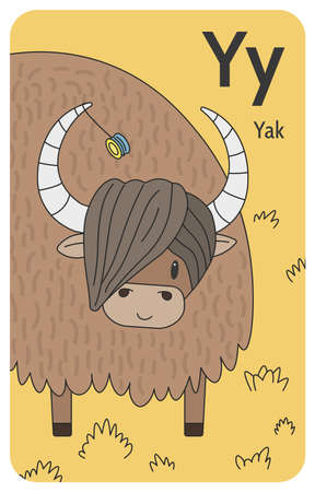 Yak Y letter. AZ Alphabet collection with cute cartoon animals in 2D. Smiling yak standing on yellow grass and spinning the yo-yo toy on the horn. Hand-drawn funny simple style.のイラスト素材