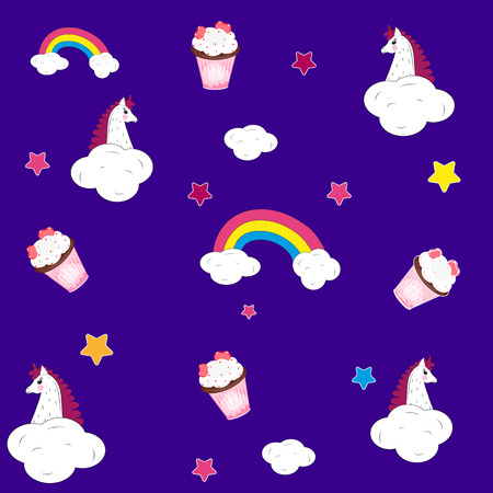 Blue background with stars, unicorns, clouds. Vector illustrationのイラスト素材