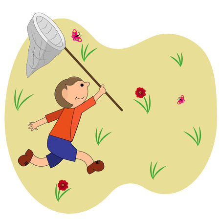 The boy catches butterflies. Vector illustration for your designのイラスト素材