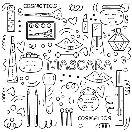 Black and white doodle illustration with lots of cosmetics and make up onjectsのイラスト素材