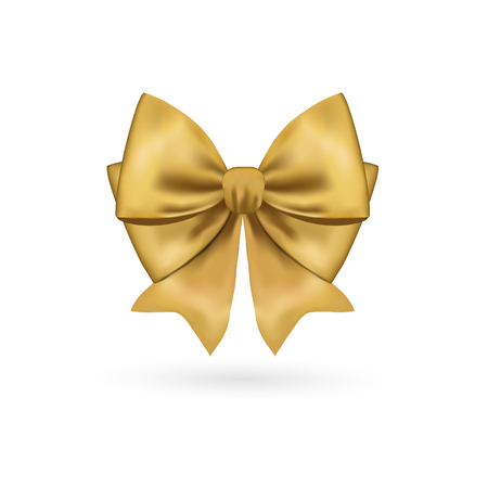 Beautiful golden bow for gift decor. Holiday decoration. Vector yellow bow isolated on white backgroundのイラスト素材