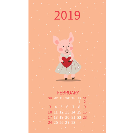 Annual calendar with pigs. Monthly illustration. Piglet with heart February. Valentine's Day. Vector poster, cute flyer, wall banner, planner.のイラスト素材