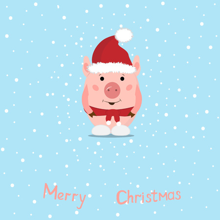 Funny Christmas pigs, Greeting card Merry Christmas and New Year. Pig Santa Claus.のイラスト素材