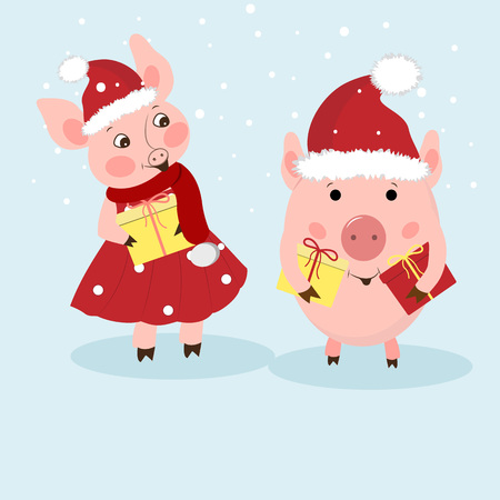 New Year card. A couple of funny piglets congratulates on a holiday. Pigs in Santa's hats, dress, scarf. Vector illustration in cartoon style.のイラスト素材