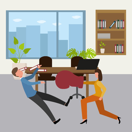 Woman beats the boss at work, conflict. Gender inequality and the fight against stereotypes. Vector illustrationのイラスト素材