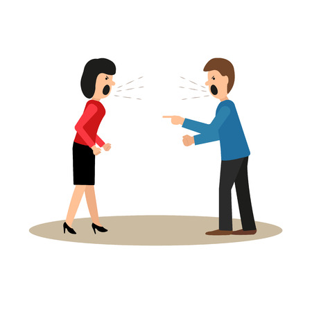 Conflict. A man and a woman are arguing, screaming. Vector illustration in flat styleのイラスト素材
