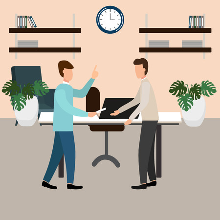 The boss screams at the subordinate in the office. Vector illustration, flat design styleのイラスト素材