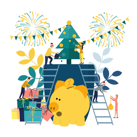 Vector flat illustrations, a big piggy bank on a white background, a Christmas tree with money, businessmen are preparing for the new year, hoarding or saving money