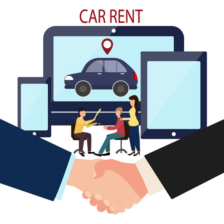 Man, woman and car dealer. Online deal making. Rent a car. Business handshake. Vector illustration in flat style of the dealer transfers the keys to the car and the contractのイラスト素材