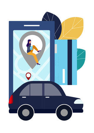 People and auto. Making deals online. Car rent. Vector illustration in flat style.のイラスト素材