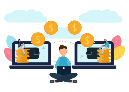 Vector illustration of financial transactions, money transfer. Electronic Wallets. Illustration in flat styleのイラスト素材