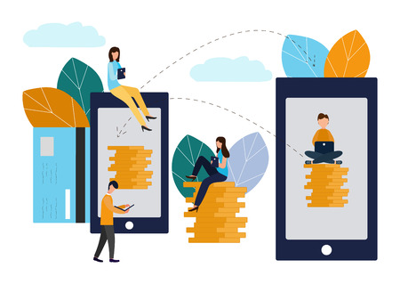 Vector illustration of financial transactions, money transfer. Electronic Wallets. Illustration in flat styleのイラスト素材