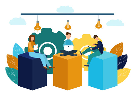 Vector illustration, virtual business assistant. teamwork, brainstorming, new ideas, achieving goals new victoriesのイラスト素材