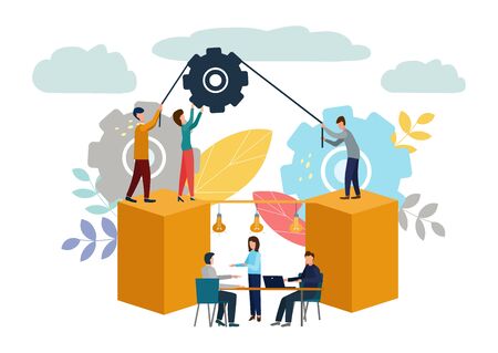 Vector illustration, teamwork, employees caught the idea, searching for new creative ideasの写真素材
