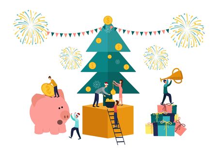 Vector flat illustrations, big piggy bank on a white background, New Year tree with money, businessmen are preparing for the new year, receive cash bonusesのイラスト素材
