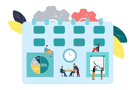 Vector illustration. Small people make schedules for planning business tasks for a week, a month. New ideas for making plans, schedulesのイラスト素材