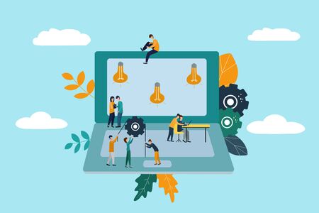 Vector illustration, online assistant at work. Promotion in the network. People are looking for new ideas, working together in a companyのイラスト素材