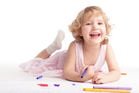 Little girl drawing the familyの写真素材