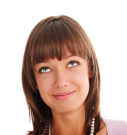 Beautiful smiling woman looking upの写真素材