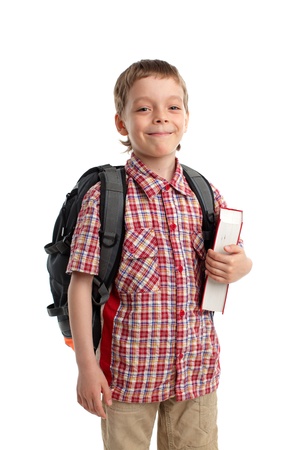 Schoolboy with backpack on the white backgroundの写真素材