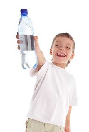 Boy with a water bottle isolated on whiteの写真素材