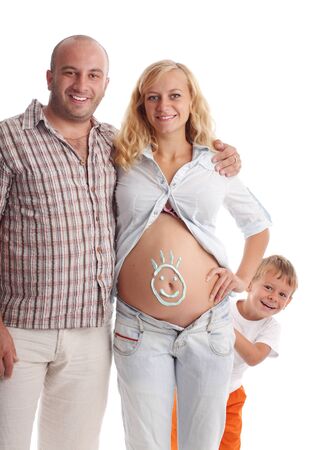 Father, son and pregnant mother. Isolated on whiteの写真素材
