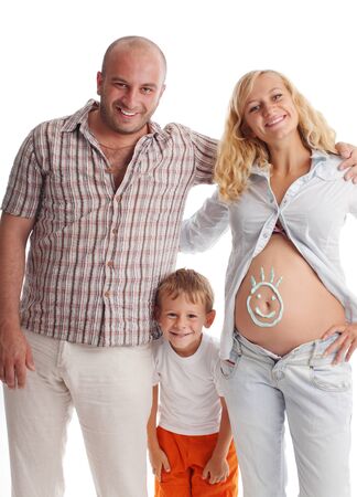 Father, son and pregnant mother. Isolated on whiteの写真素材