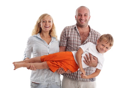 Happy family isolated on whiteの写真素材