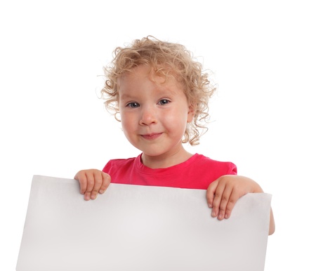 Little girl with empty blank isolated on white の写真素材