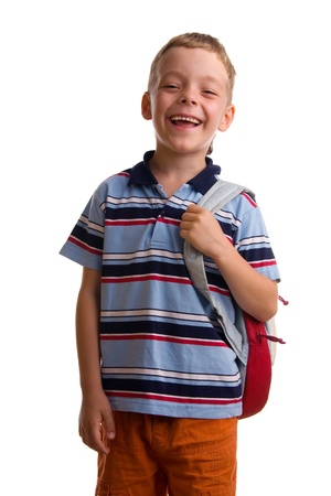 Schoolboy with backpack on the white backgroundの写真素材