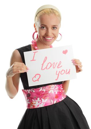 Beautiful woman congratulates with valentin's dayの写真素材