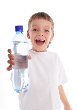 Ñhild with a water bottle isolated on whiteの写真素材