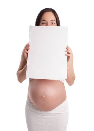 Pregnant woman with placard isolated on whiteの写真素材