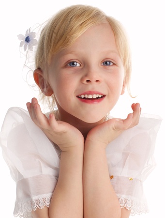 Beautiful little girl isolated on white backgroundの写真素材