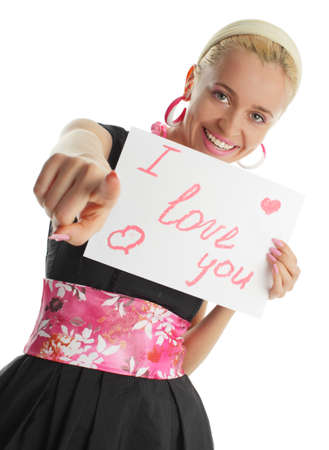 Beautiful woman congratulates with valentin's dayの写真素材