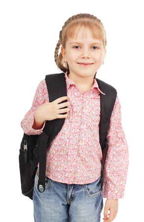 Girl with backpack isolated on whiteの写真素材