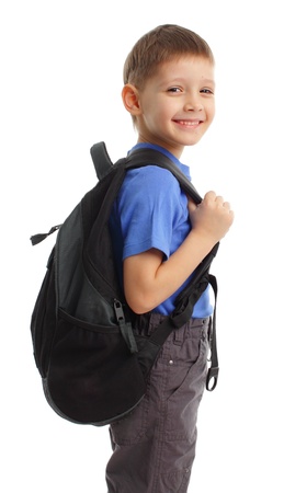Schoolboy with backpack isolated on whiteの写真素材