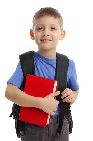 Schoolboy with backpack isolated on whiteの写真素材