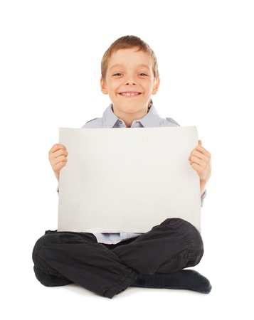 Child with empty blank isolated on whiteの写真素材