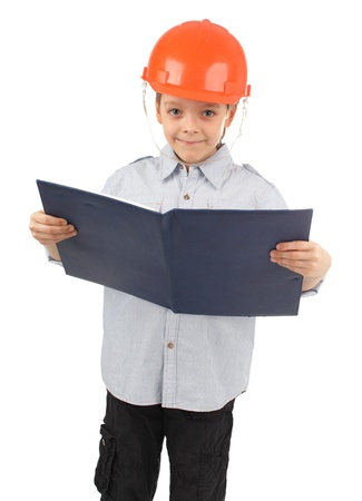 Boy in a building helmet isolated on whiteの写真素材