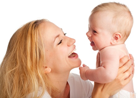 Mother with baby isolated on whiteの写真素材