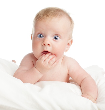 Surprised baby isolated on whiteの写真素材
