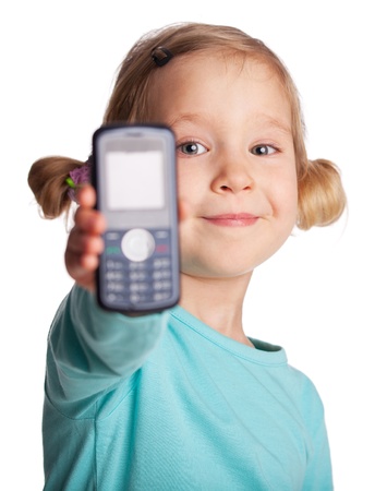 Child with phone isolated on whiteの写真素材