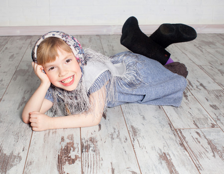 Rural child. Russian girl in national dressの写真素材