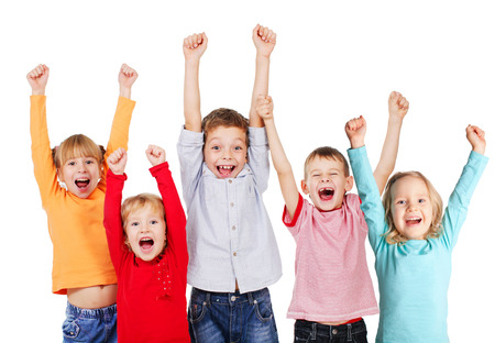 Happy children with their hands up isolated on white